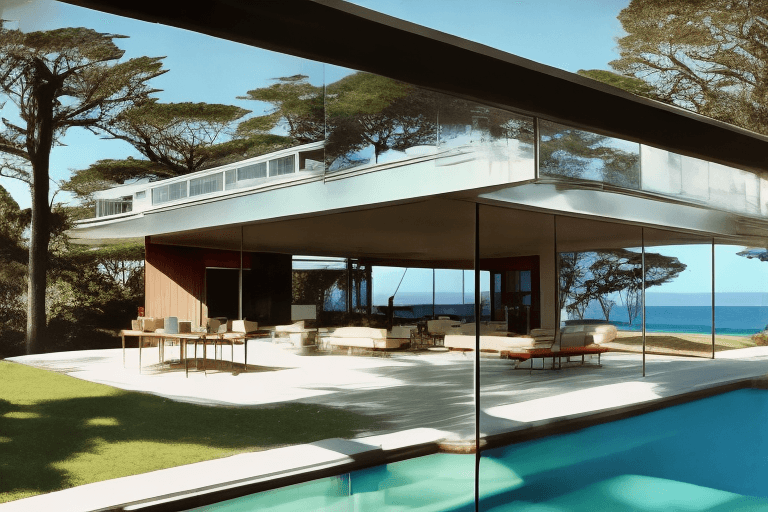 AI generated: Hyper realistic eye level exterior photo of a mid century modern style house overlooking the ocean, ...