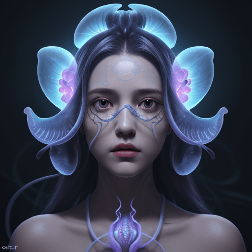 AI generated: Goddess close-up portrait ribcagel. jellyfish phoenix head, nautilus, orchid, skull, betta fish, bio...