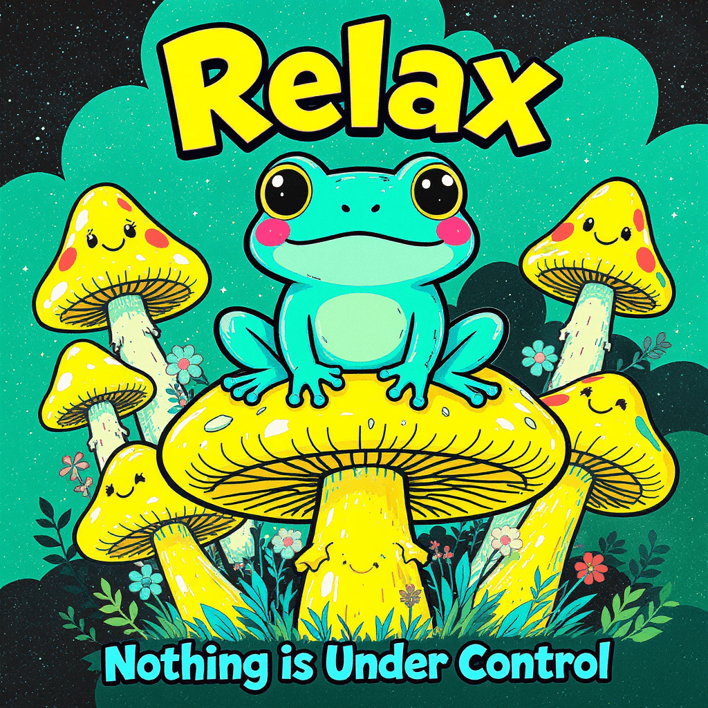AI generated: Cartoon graphic design, vibrant colors, a teal frog sitting atop a large, yellow mushroom,  surround...