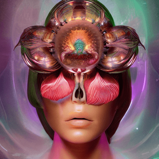AI generated: Goddess close-up portrait ribcagel. jellyfish phoenix head, nautilus, orchid, skull, betta fish, bio...
