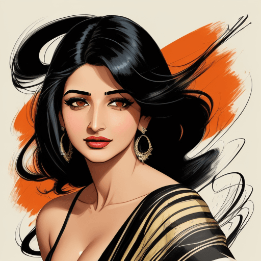 AI generated: Vintage fashion poster of  shruthi hasan with black hair, drawn in the style of Paul Kenton, featuri...
