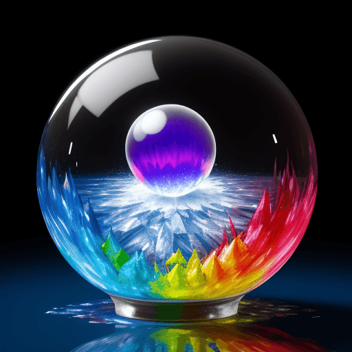 AI generated: use radiosity to create a crystal ball landing in a splash of colorful paint