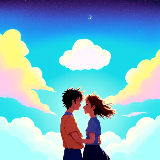 AI generated: draw a picture of a couple in the sky. Background with clouds and lights. Colorfull and bright. Use ...
