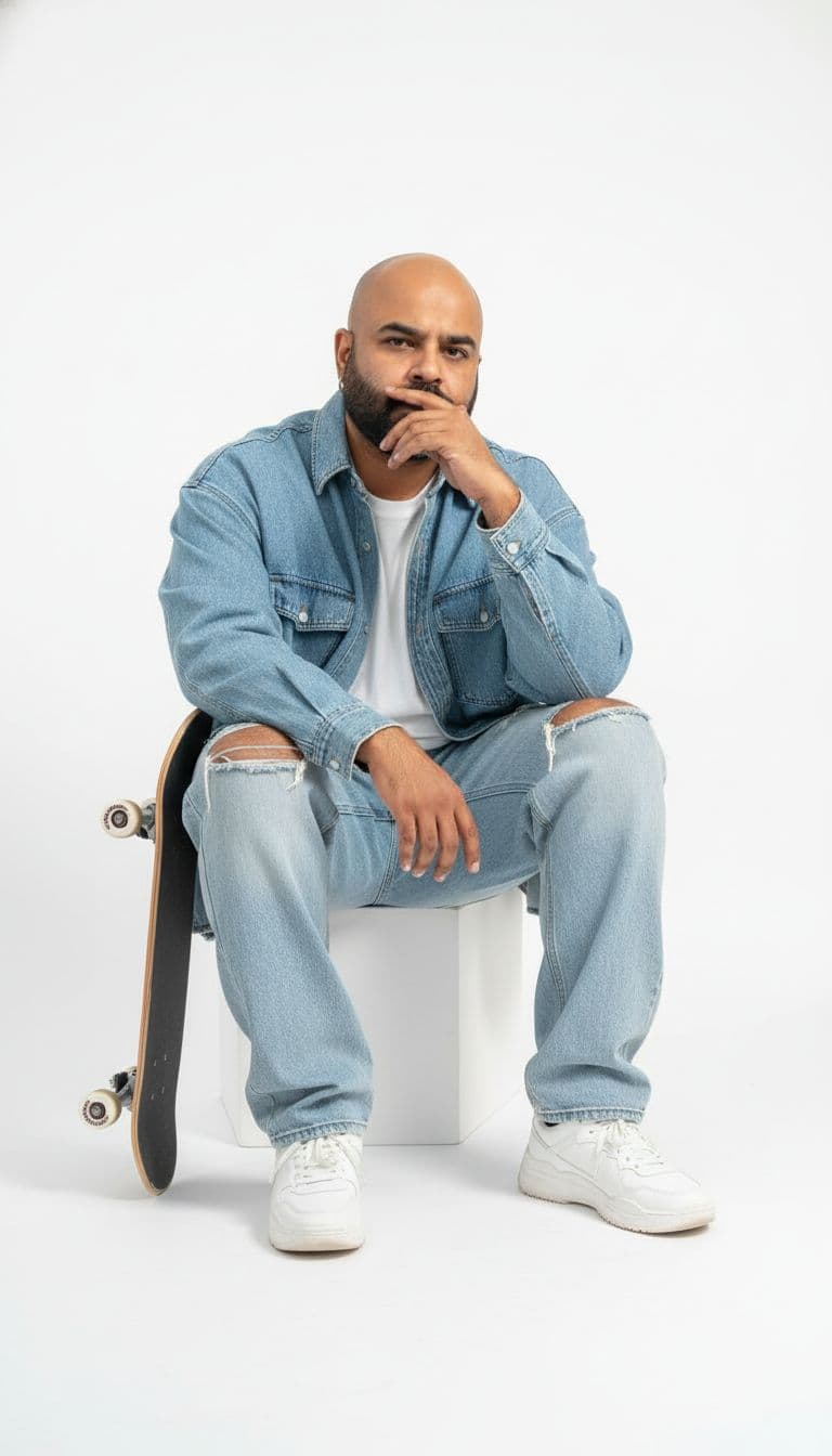 AI generated: Create a full-body studio portrait of a stylish young man with a lean, toned physique (around 57 kg,...