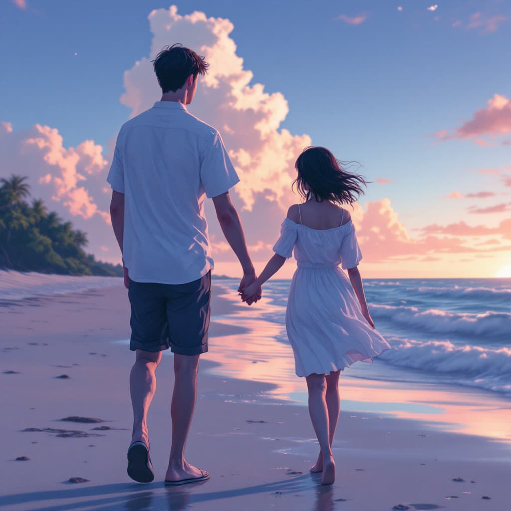 AI generated: A man and a woman Walking hand in hand on the beach anime