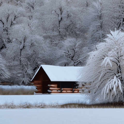 AI generated: Snowy winter wonderland with a lone cabin in the distance, surrounded by frosty trees and fresh snow...