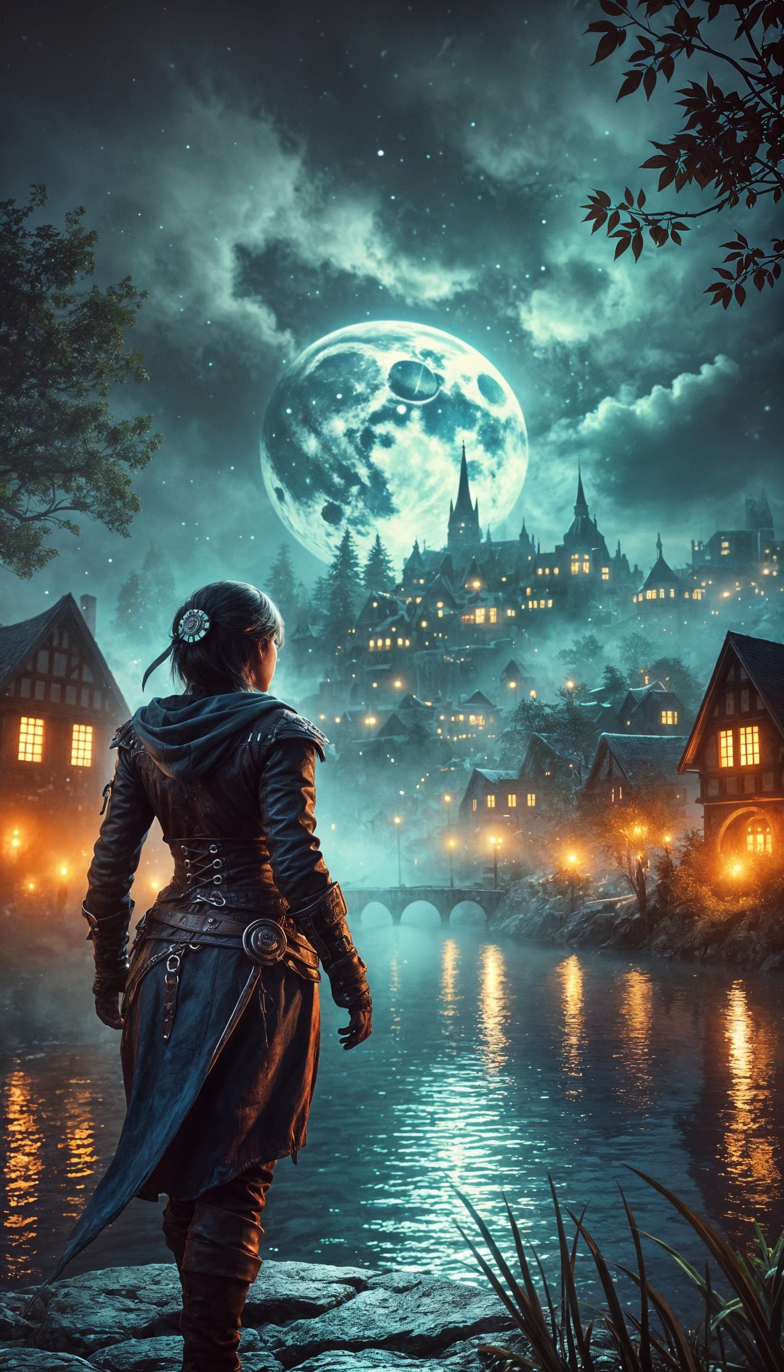 AI generated: A dark, medieval village under a glowing full moon with drifting clouds. Eerie blue-green light and ...