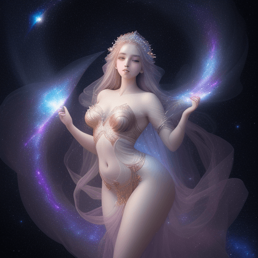 AI generated: a beautiful girl, showcasing delicate figure and graceful curves， ethereal, celestial, galaxy, stars...