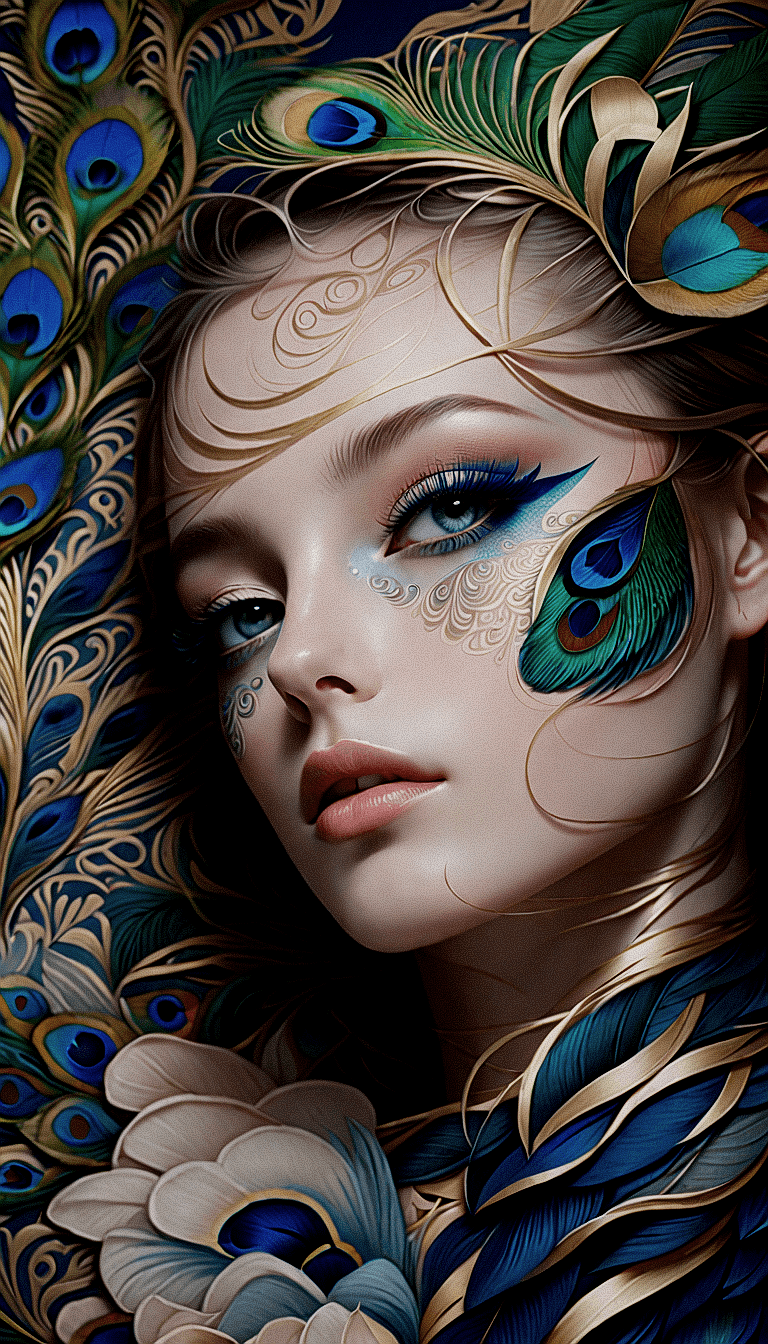 AI generated: "Create a portrait of a woman with fair skin. Her eyes are adorned with elegant blue eyeliner that m...
