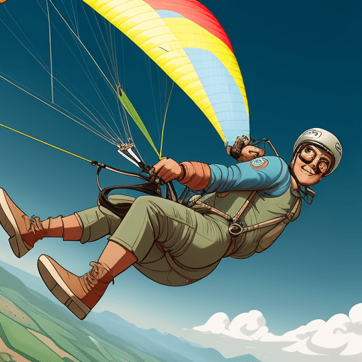 AI generated: Cartoon style. A paraglider pilot flying over a vintage airstream camper