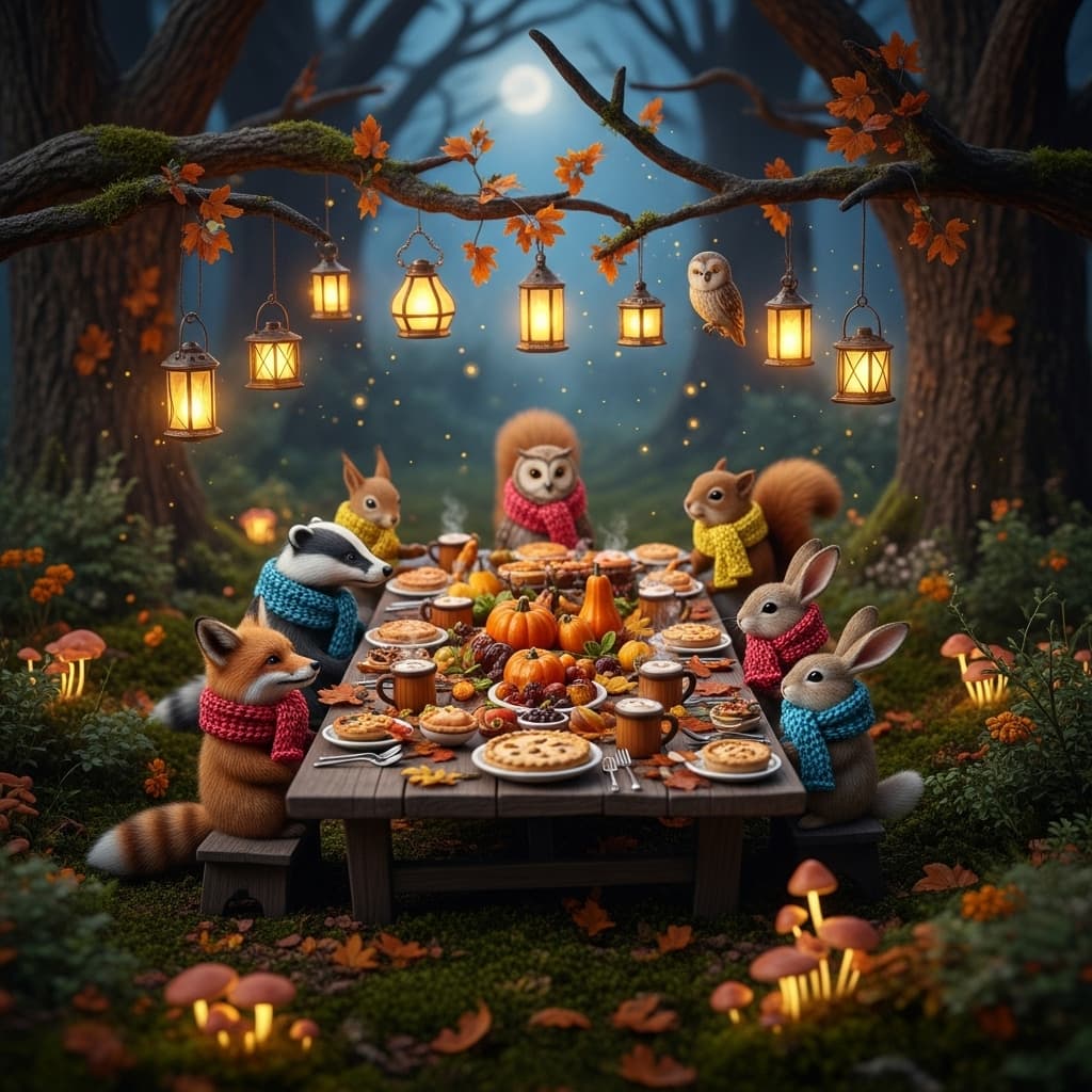 AI generated: The Feast in the Enchanted Forest — woodland animals wearing little scarves gather around a long woo...