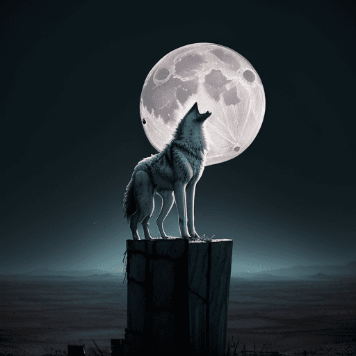 AI generated: a wolf on a post apocalyptic landscape, howling at the moon which is broken in half