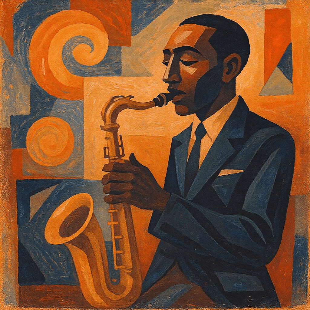 AI generated: Prompt: Abstract cubist artwork of a jazz musician playing the saxophone, featuring cubist shapes an...