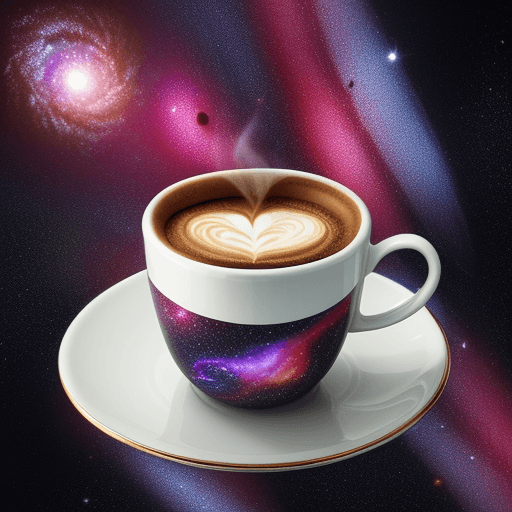 AI generated: a coffee cup and saucer, with a galaxy swirling around inside the coffee cup