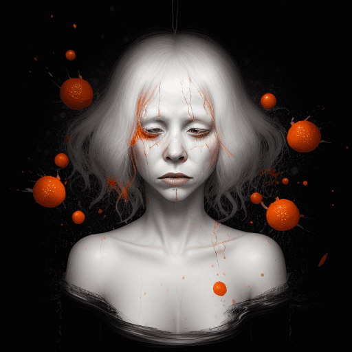 AI generated: An albino woman is felling sad, background is dark with splashes of orange 