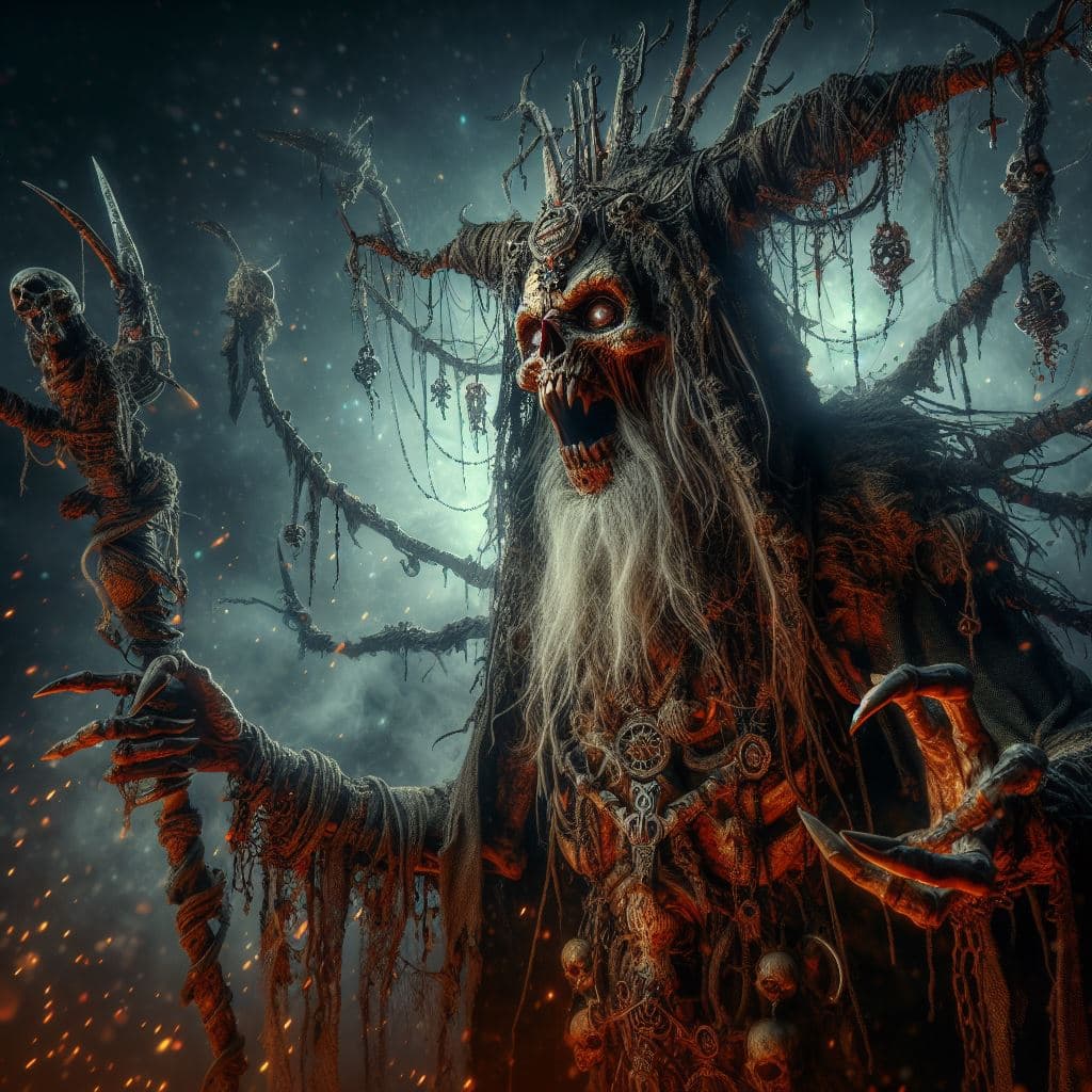 AI generated: heavy nightmare Version of baba yaga, photorealism, fantasy, dynamic lighting, very high ultra detai...