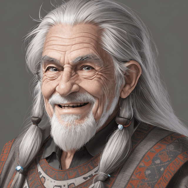 AI generated: frontal view portrait  of a face of cheerful, nice and wise old prehistoric man with long gray hair,...
