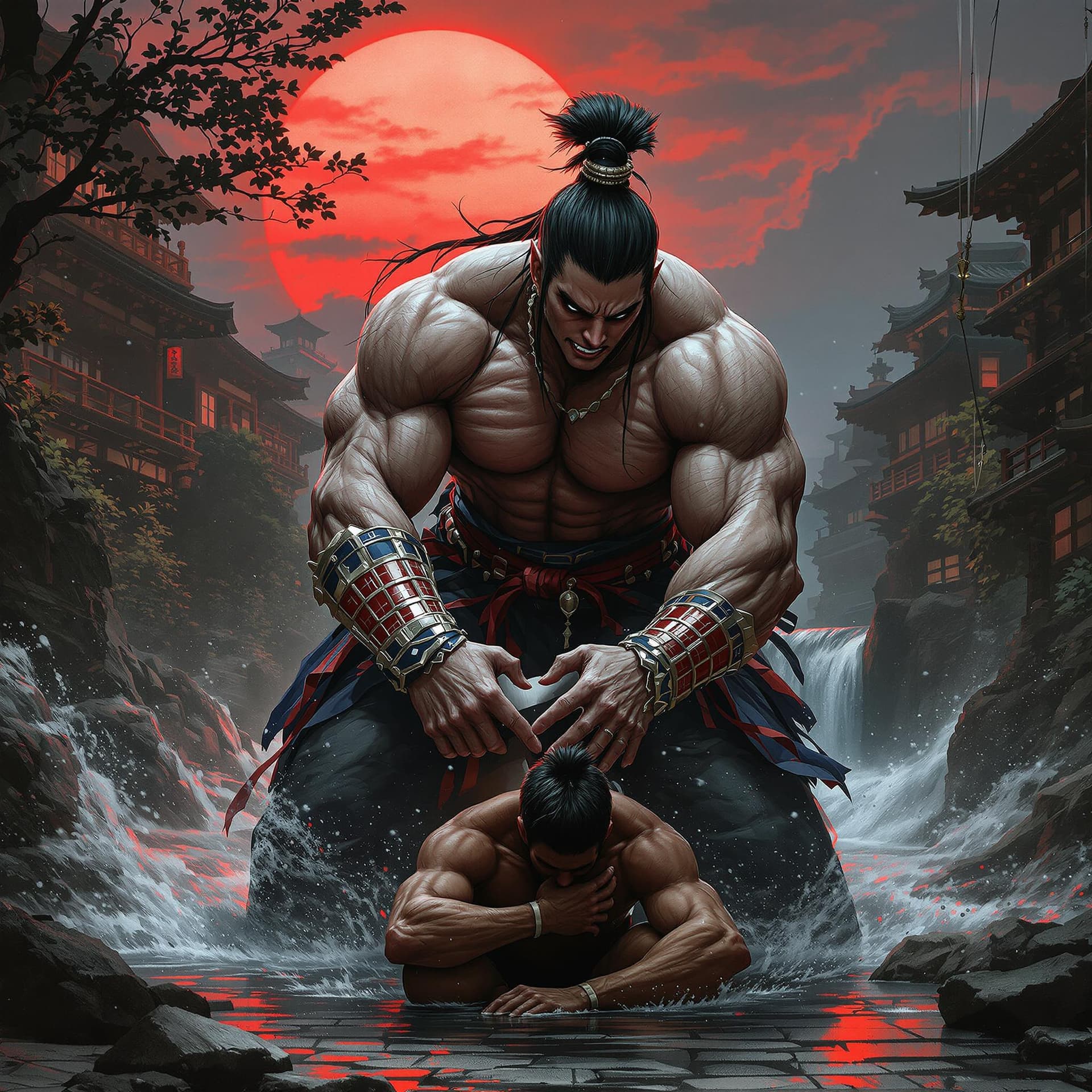 AI generated: Japanese female Samurai. She is massive muscular female heavy weight bodybuilder with a chiseled phy...
