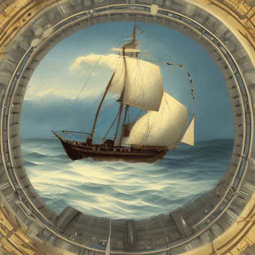 AI generated: a boy sailing boat in ocean his hand on seven-spoked ship's wheel