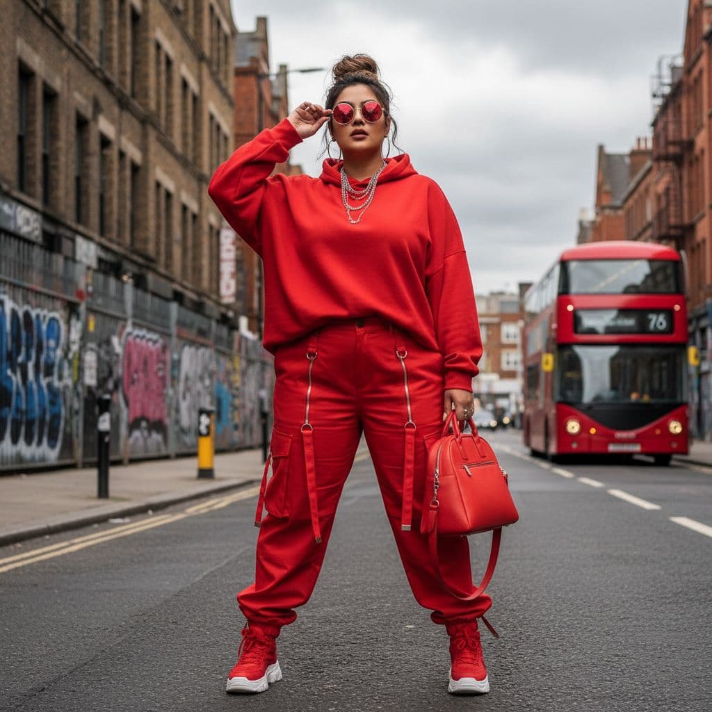 AI generated: Indian fat female model with red urban clothes and red sunglasses