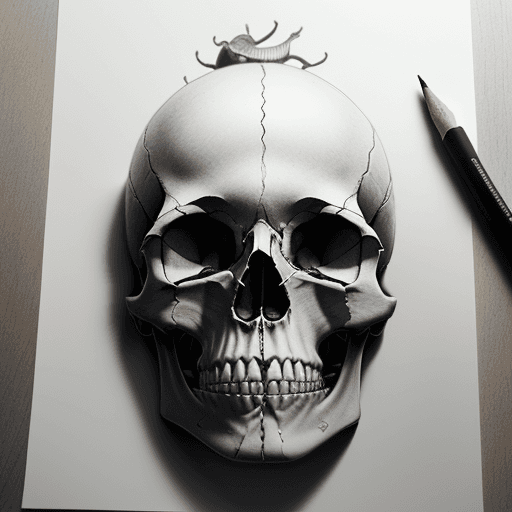 AI generated: pencil drawing, human skull circuit board, CPU implanted, front lighting, detailed shadows, left top...