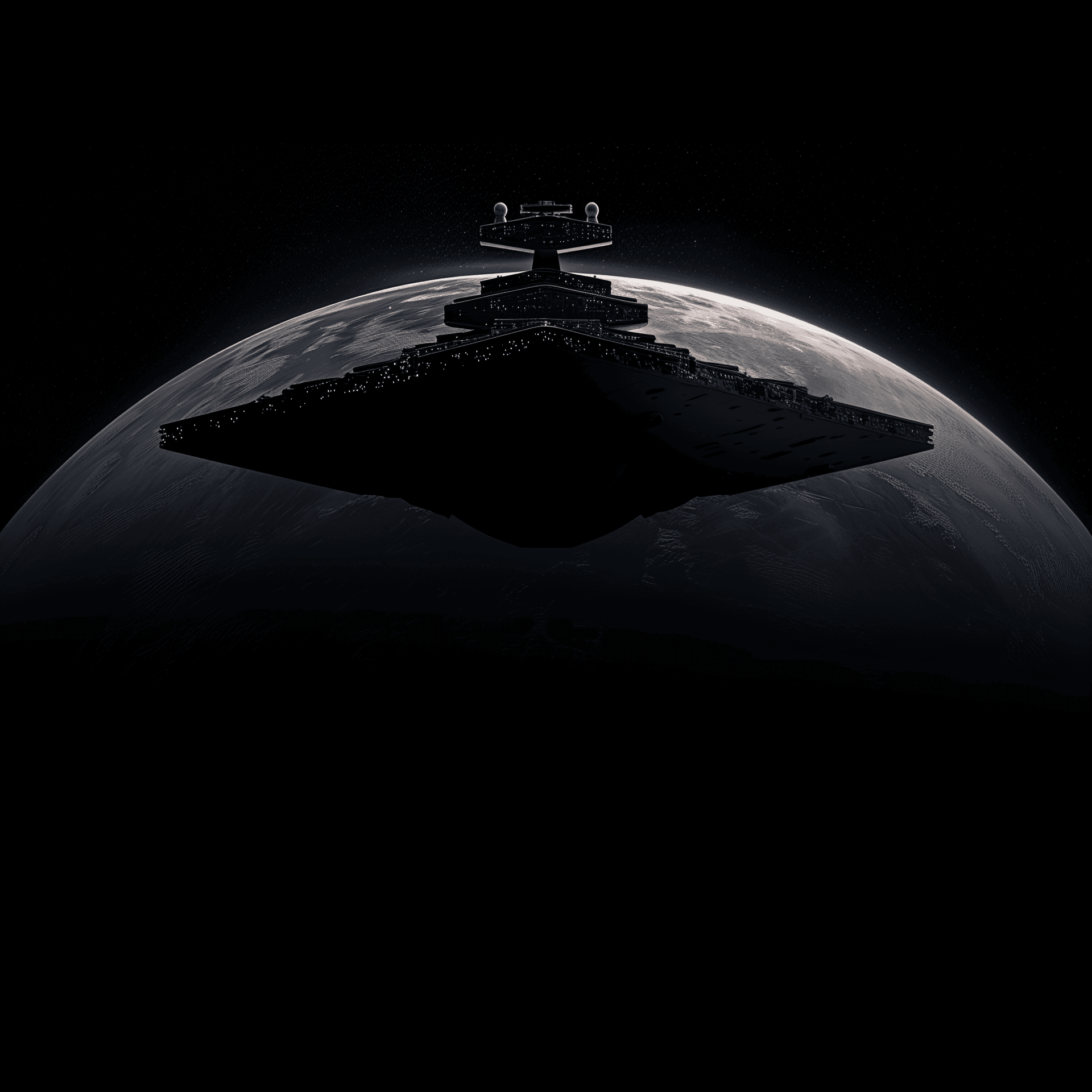 AI generated: A planet with the silhouette of an Imperial Star Destroyer floating in space, seen from behind and b...