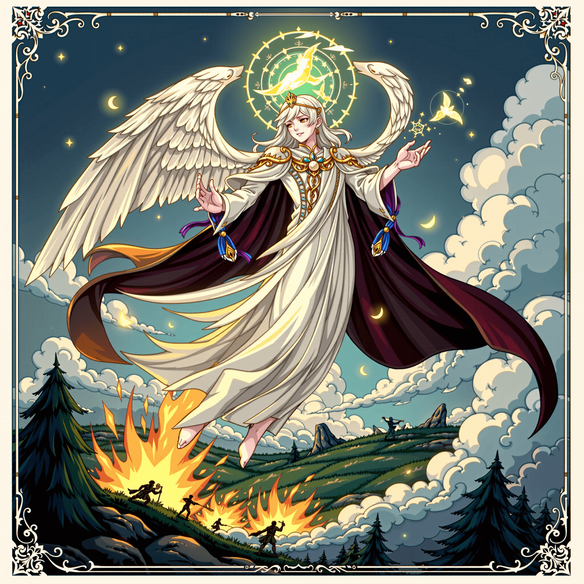 AI generated: A genderless spirit healer floating over a battlefield, glowing hands, ethereal and divine, Art Nouv...