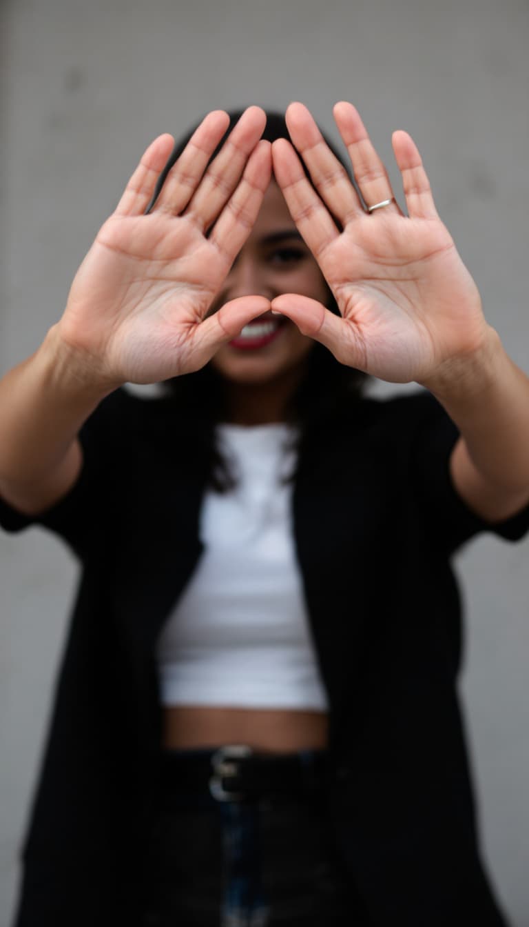 AI generated: woman standing with her hands in front of her eyes palms facing towards the viewer