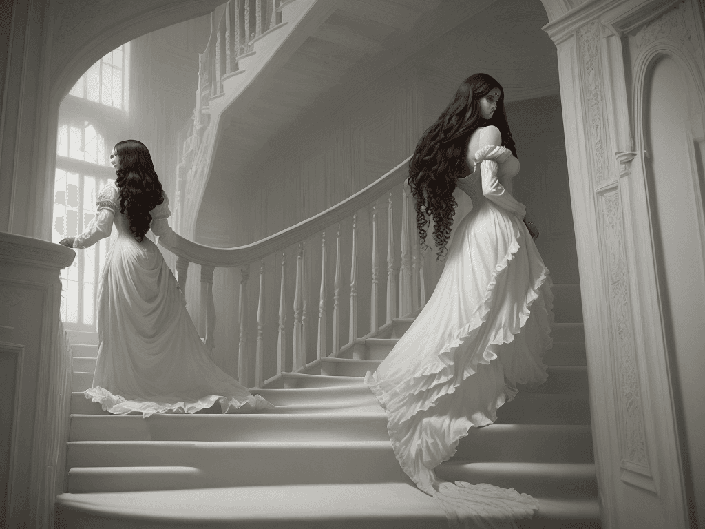 AI generated: a woman in a long, white, Victorian-style dress, standing on a staircase that leads to a dark and my...