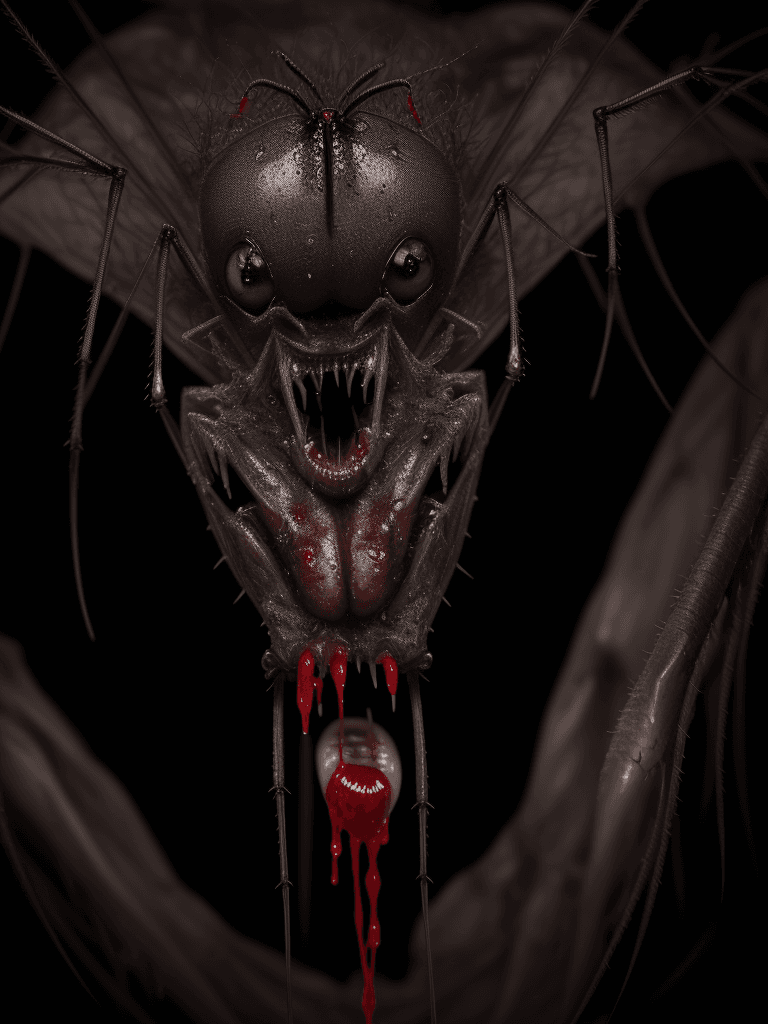 AI generated: very realistic creepy mosquito, natural light, high detail skin, creepy setting, horror, dripping wi...