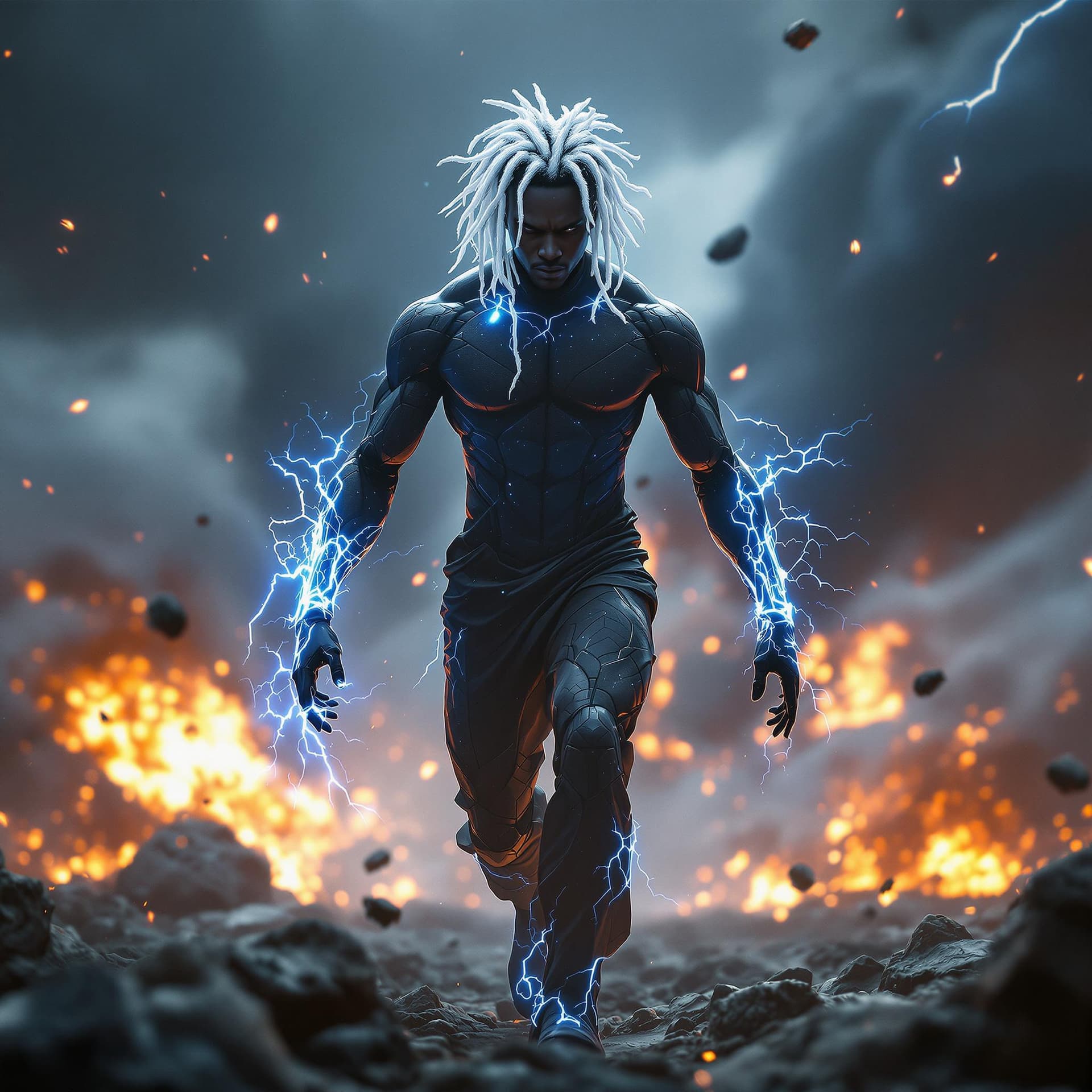 AI generated: front view of a PHOTOrealistic african american superHERO with white glowing short dreadlocks, his b...