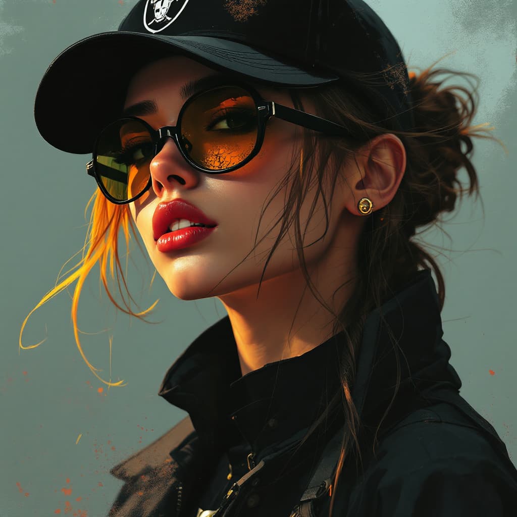 AI generated: a stunning girl wearing black caps and sunglasses, logo Raiders, in the style of otherworldly illust...