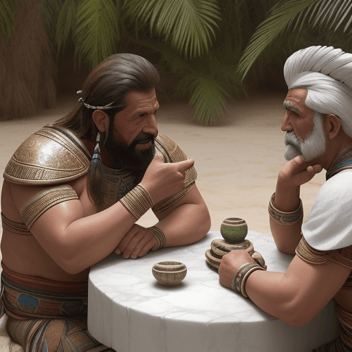 AI generated: imagen de cerámica incaica, tiene en su superfice dos hombres de esa época conversando.