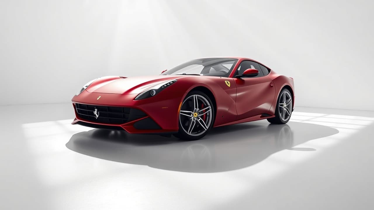 AI generated: A sleek 2012 candy red Ferrari F12, its matte surface reflecting the soft ambient light, is elegantl...