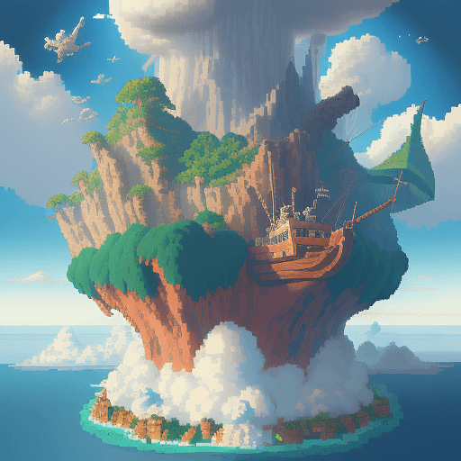 AI generated: 
16 bit pixel art, epic composition of a explorer in a boat reaching an island in the clouds, by stu...