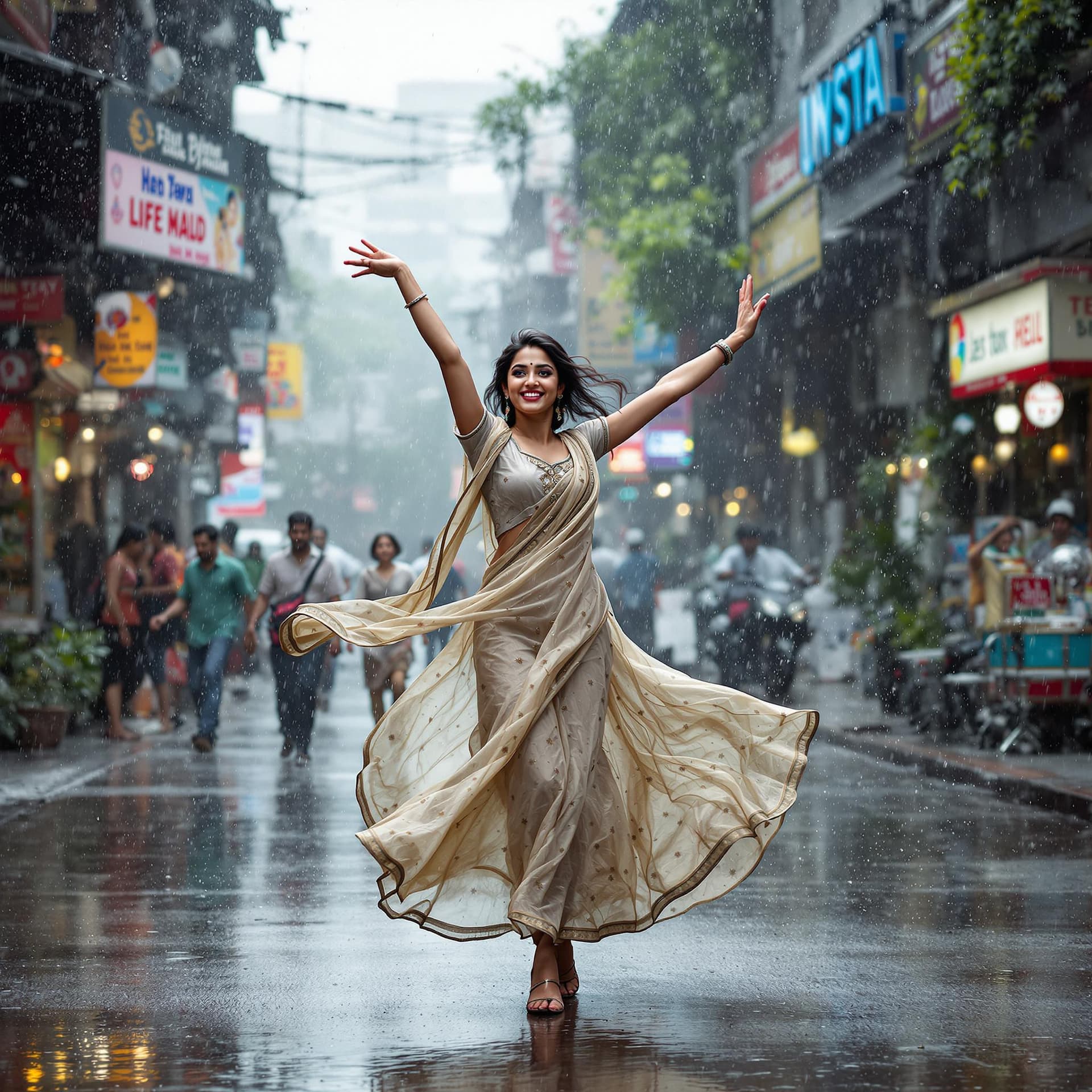 AI generated: An image depicting the metaphor of life as Indian girl dancing in the rain. Show a joyful and confid...
