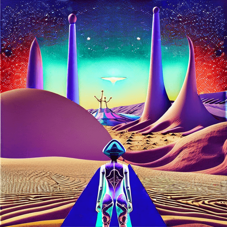 AI generated: album cover illustration of a strange mysterious desolate desert with blue sand , painting like ,blu...