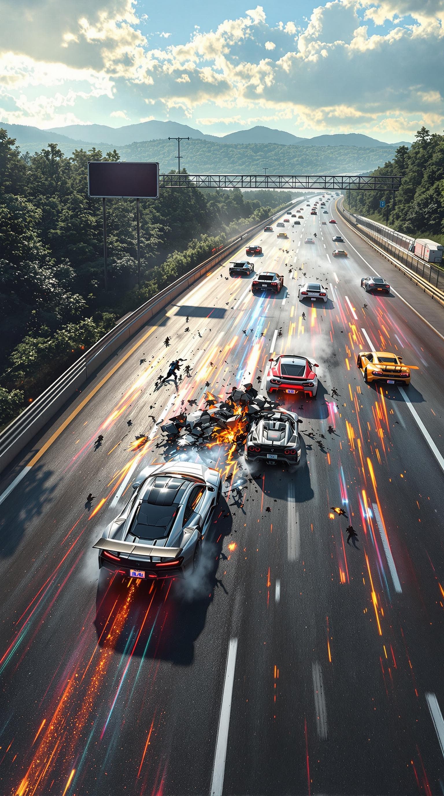 AI generated: Summer.      ACCIDENT on the highway! 2 racing cars collided. Small wrecks of cars on the highway. N...
