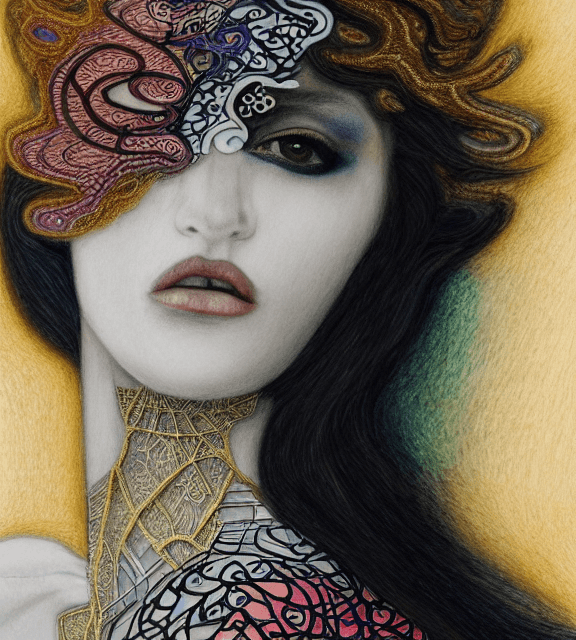 AI generated: coloured pencil drawing, high resolution 8k, Rothko 
 master painter, Byzantine artwork, 
young lady...