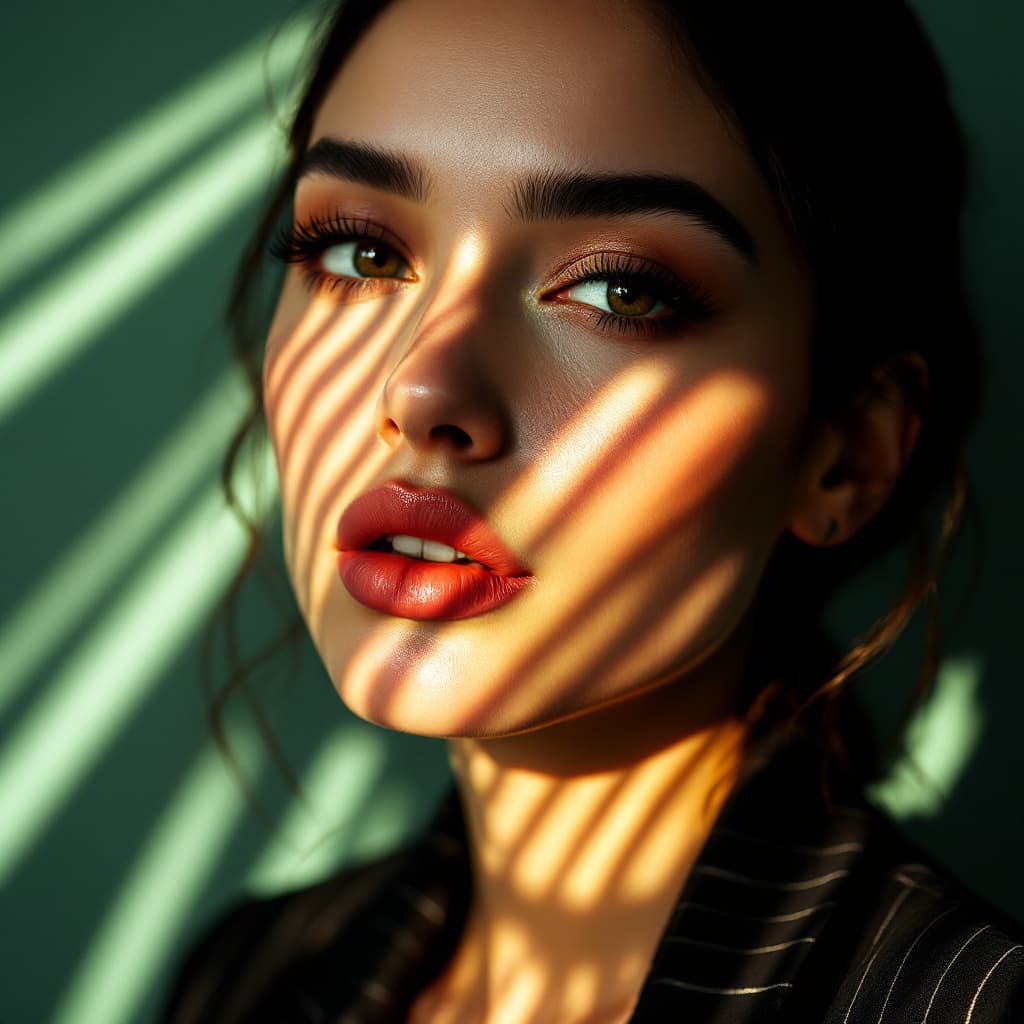 AI generated: Close-up portrait of a woman illuminated by soft, warm afternoon light streaming through window blin...