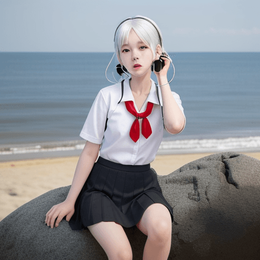 AI generated: 1 girl, Tomori Nao, white earphones, red school uniform, sitting on a Rock, 1 hand adjusting earphon...