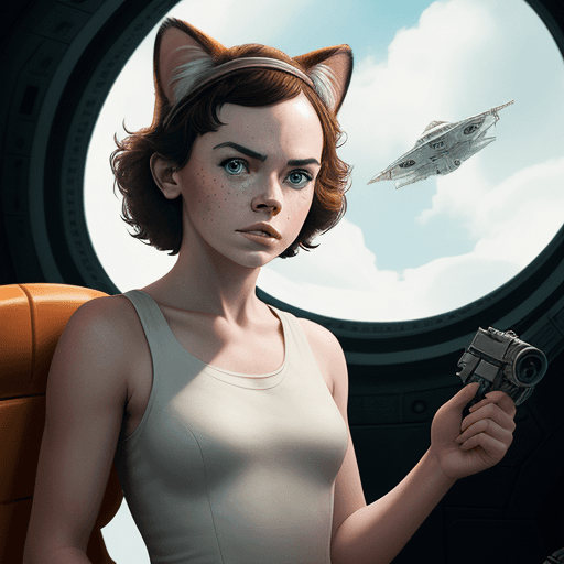 AI generated: Daisy Ridley as a cat girl with floppy tan cat ears, freckles on a spaceship