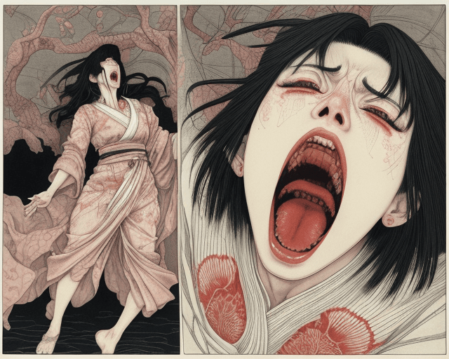 AI generated: a woman screaming, artwork by Takato Yamamoto and Chika Yamada, very detailed, realistic anatomy, fu...