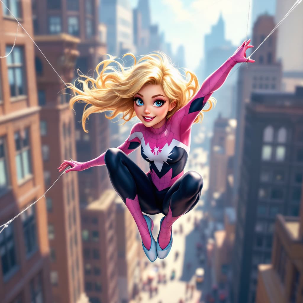 AI generated: A gorgeous blonde-haired girl dressed up as Spider Gwen swinging from a spider web through tall buil...