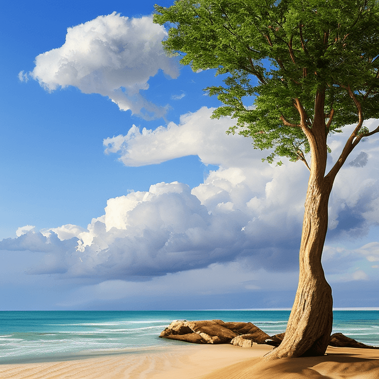 AI generated: photorealistic oil on canvas,
sparse clouds in a soaring sky, 
small tree ,  beach, small rocks,
bea...