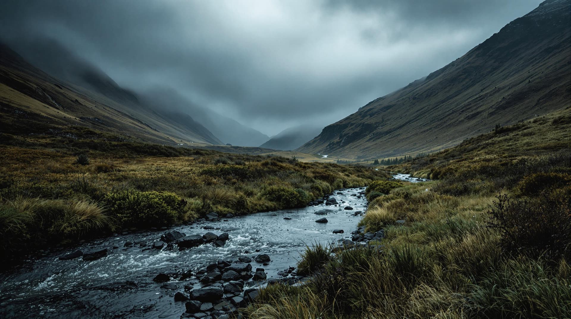 AI generated: a misty valley with a creek, dark and stormy weather