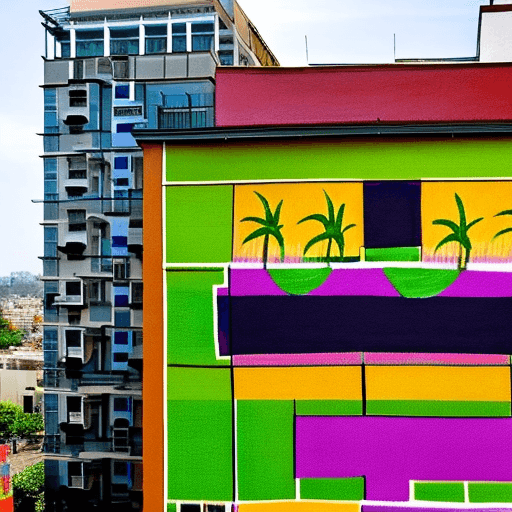 AI generated: Reimagine Basquiat to create a tall apartment complex in bengaluru using his painting style to cover...
