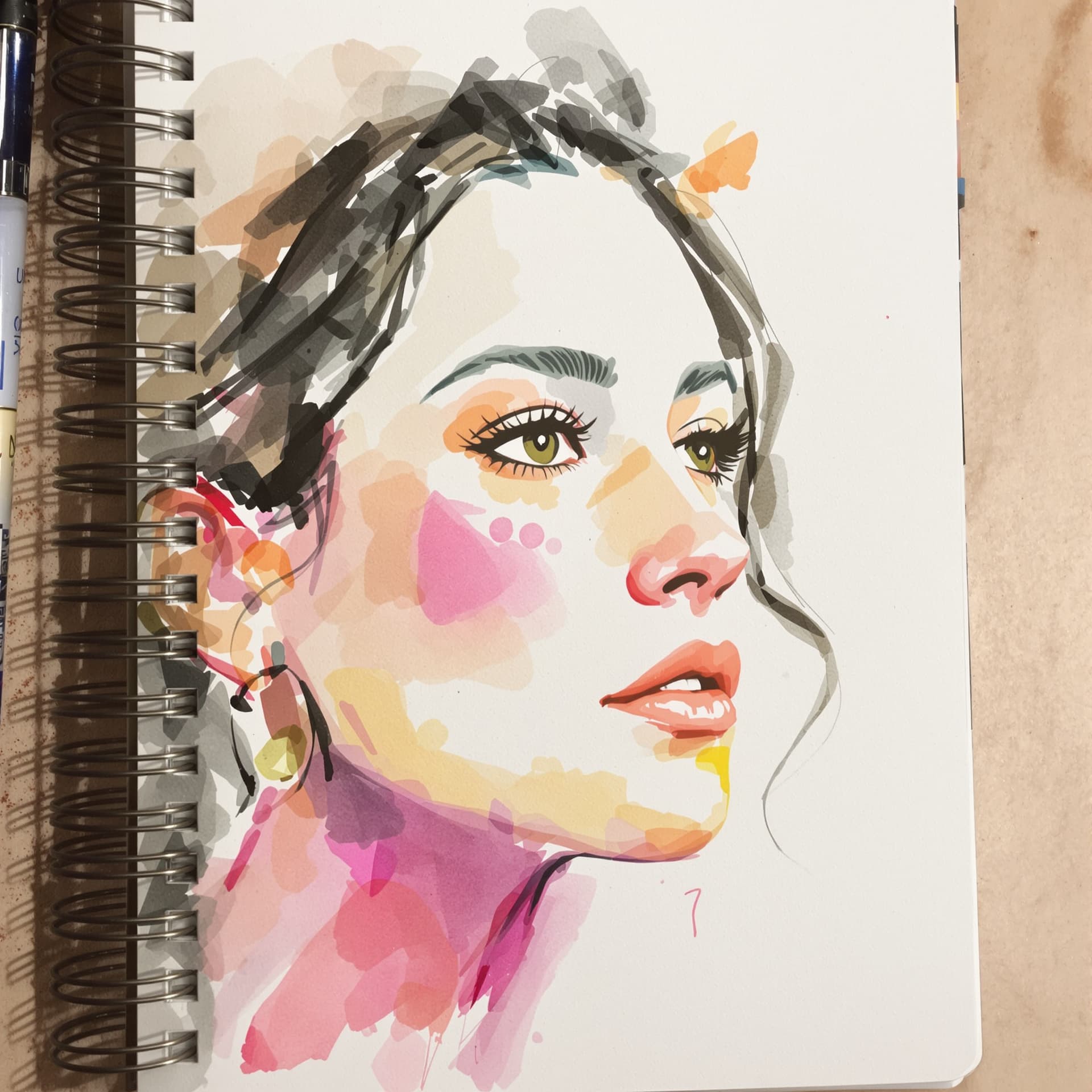 AI generated: Watercolor portrait of a woman, free brushwork --chaos 75 --ar 1:2 --style raw --profile rsy6uq9 --s...