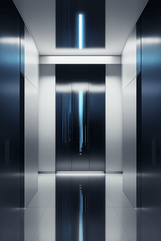 AI generated: photography, sleek and minimalist elevator lobby in a corporate building, front view, eye level shot...