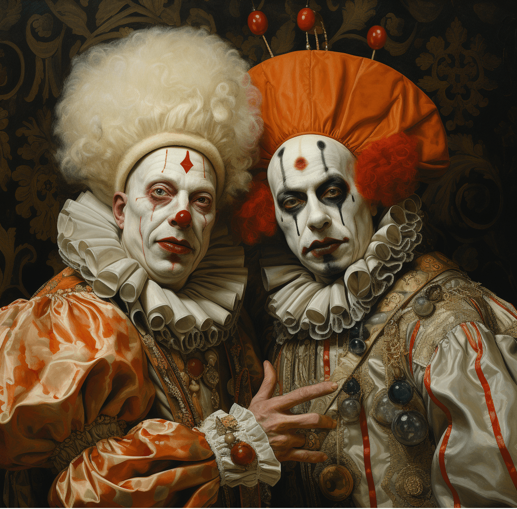 AI generated: a painting of two clowns with costumes, in the style of renaissance realism, iconic album covers, op...